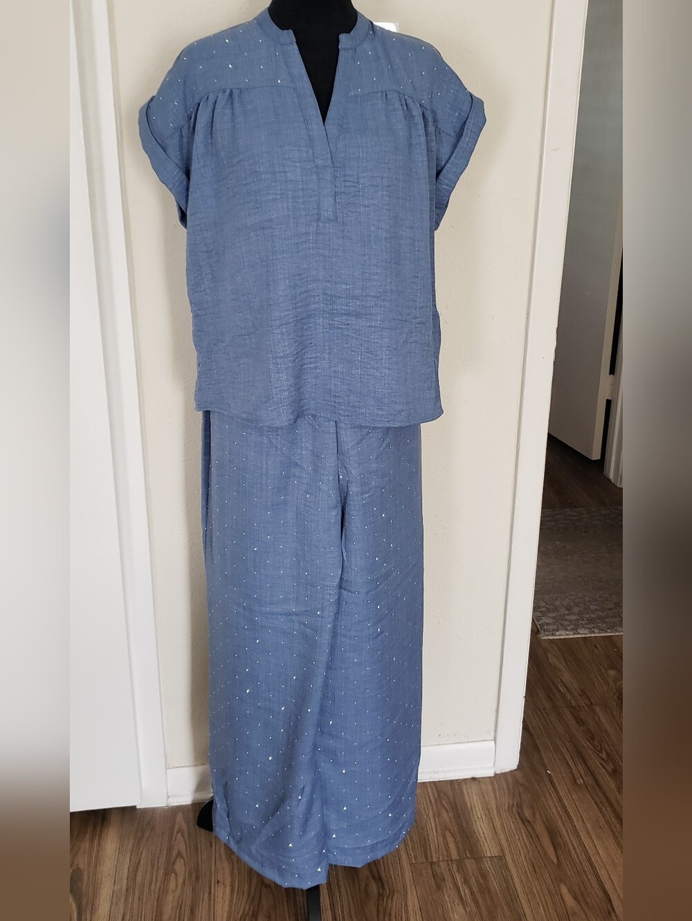 Alex & Parker Light Blue Wide-Leg Pant & Short-Sleeve Top Set With Embellishmet